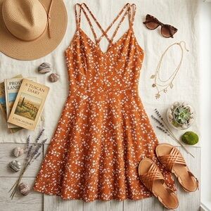 nine britton Rust Orange Floral Sundress with Crisscross Straps